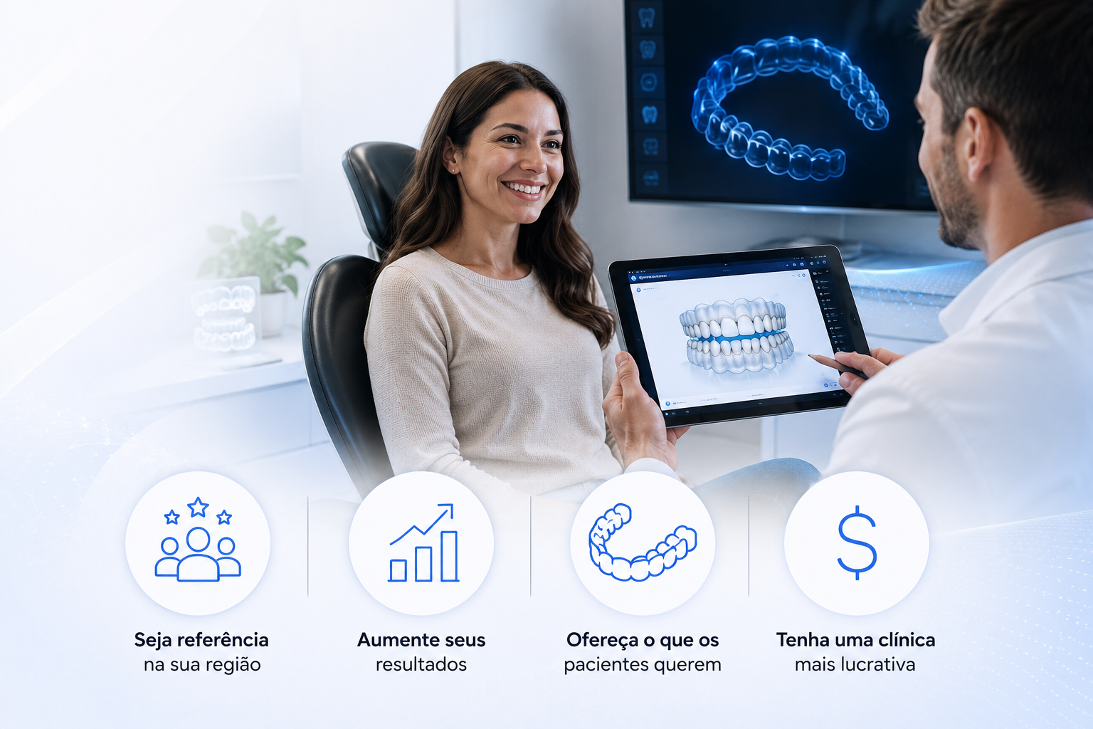 Dentista apresentando planejamento de alinhadores invisíveis em tablet para paciente